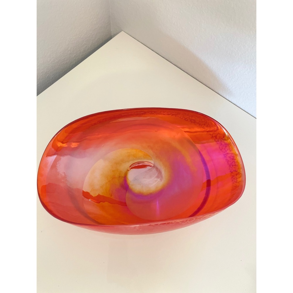 Murano Glass Red Orange Fuchsia Swirl Oval Decorative Bowl Made in Italy